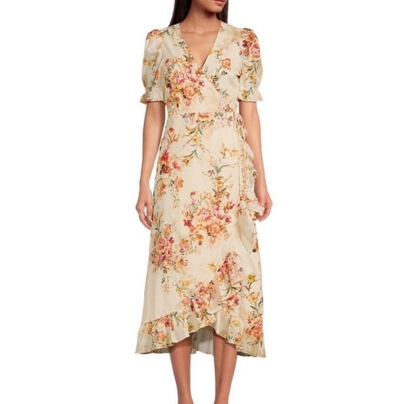 A Love A Floral Print Short Sleeve High-Low Ruffled Hem Side Tie Wrap Midi Dress - Picture 1 of 15